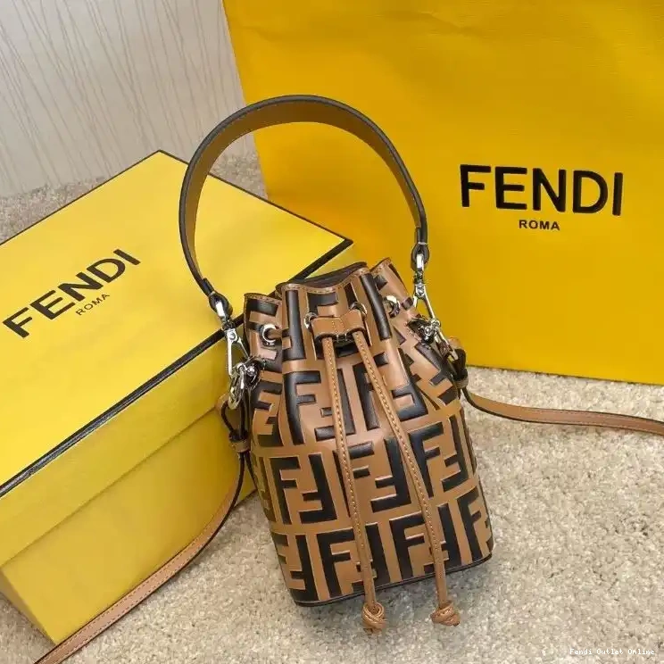 Cheap Mon Mini Calf Motif Tresor Bucket Bag Leather In Fendi Khaki FF 0617